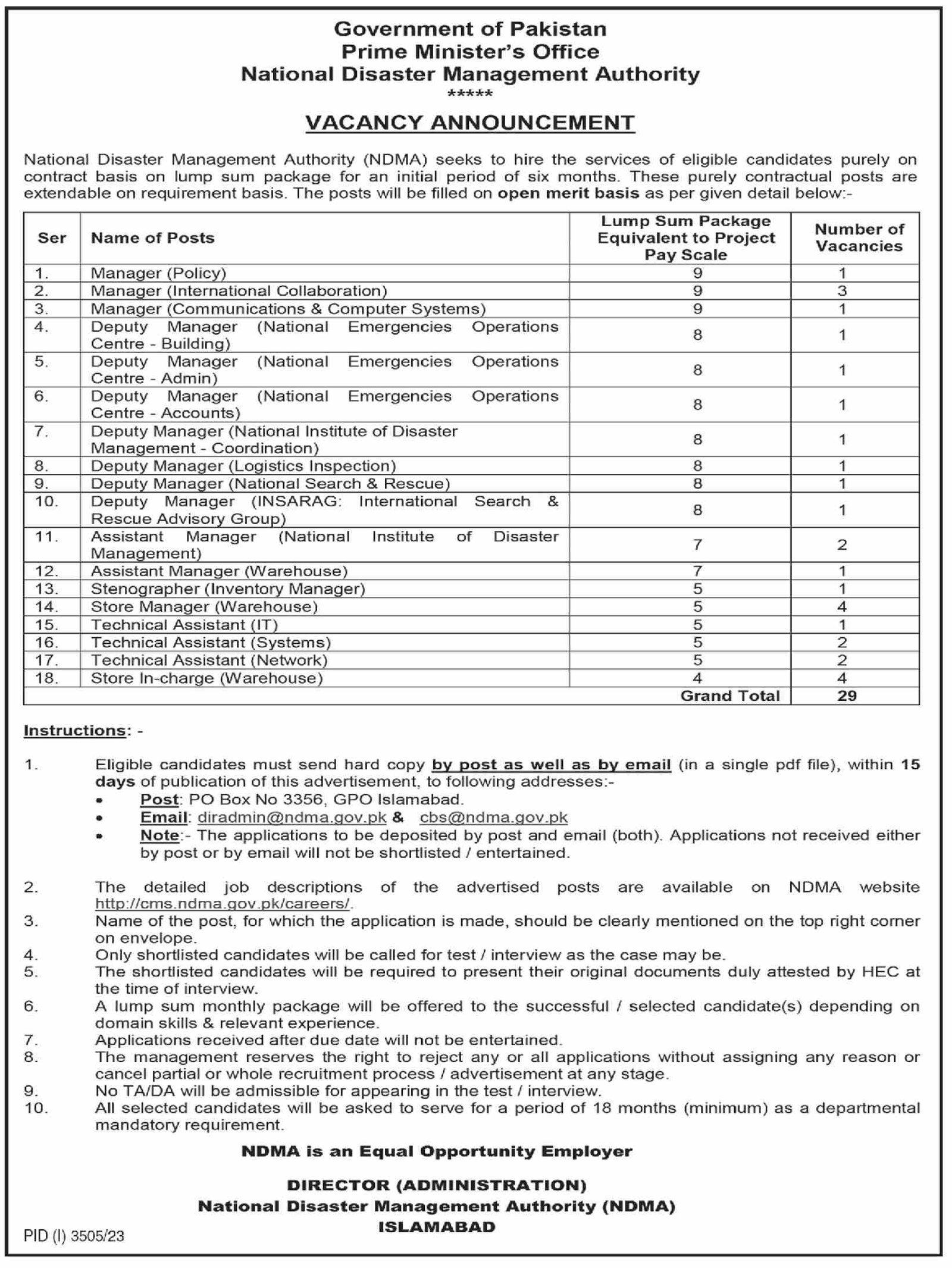 National Disaster Management Authority Islamabad Jobs 2023 – National Disaster Management Authority (NDMA) Pakistan Jobs 2023 — original advertisement