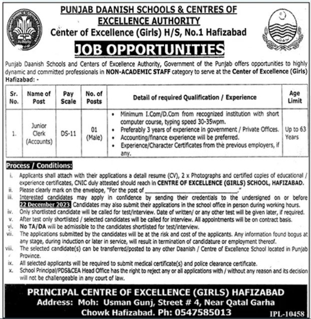 Punjab Daanish Schools & Center Of Excellence Hafizabad Jobs Jobs 2023 — original advertisement