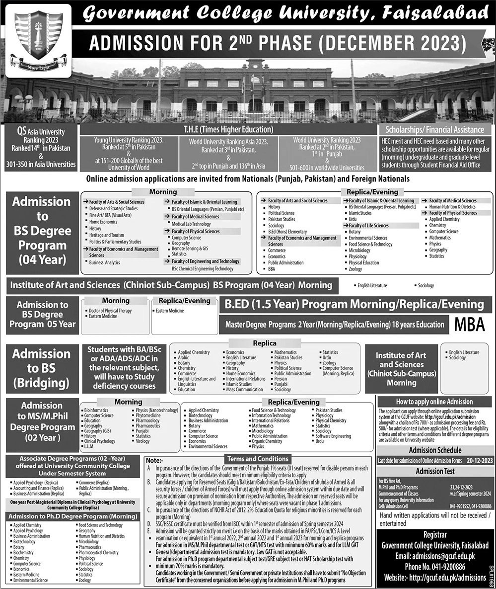 Admissions Open in Government College University Faislabad – Government College Women University Faisalabad Admissions 2023 — original advertisement