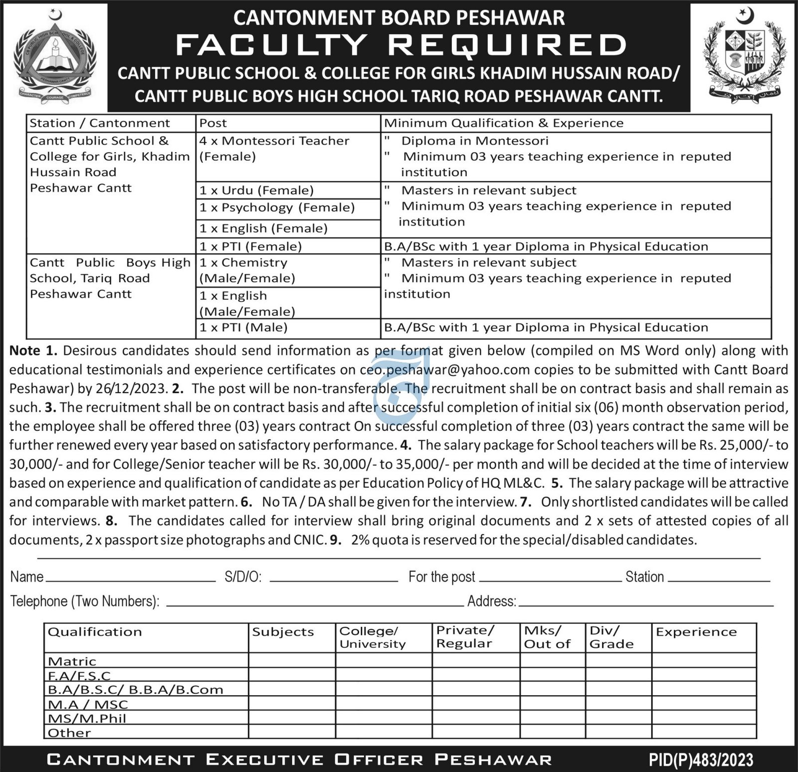 Cantt Public School And Girls College Peshawar Jobs 2023 – Cantonment Board Jobs 2023 — original advertisement