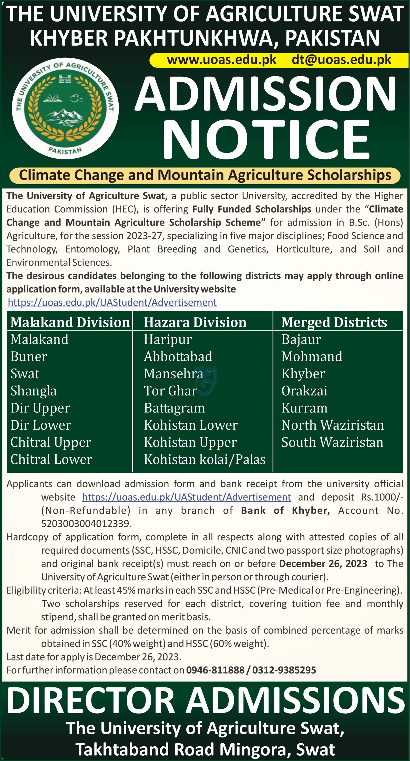 Admissions Open in University of Agriculture Swat – The University of Agriculture Peshawar Admissions 2023 — original advertisement