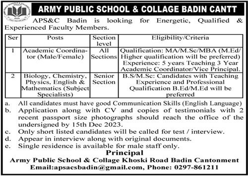 Army Public School & College APS&C Badin Jobs 2023 – Army Public School & College Paksitan Jobs 2023 — original advertisement