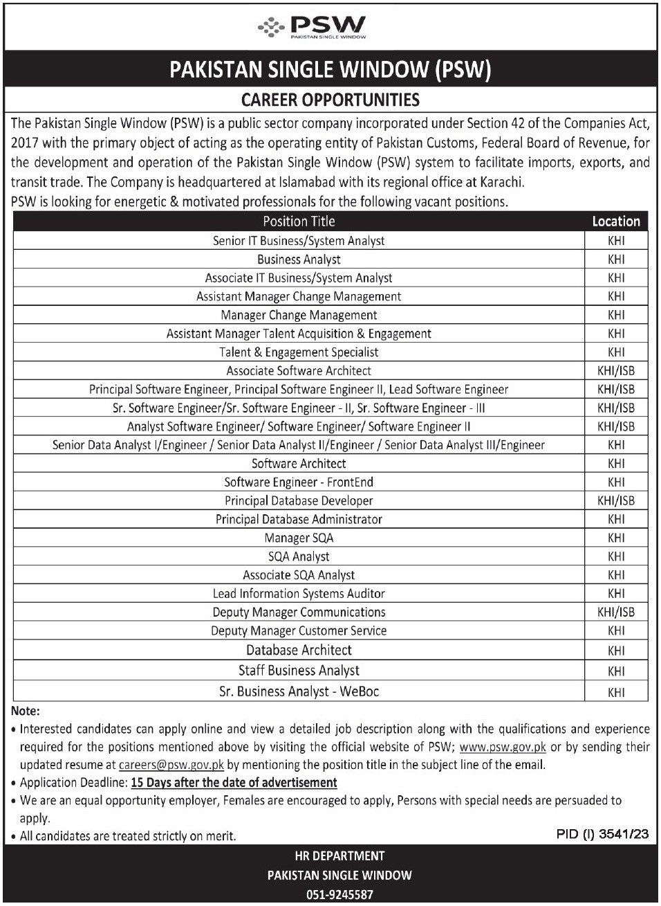 Pakistan Single Window PSW Jobs 2023 Jobs 2023 — original advertisement