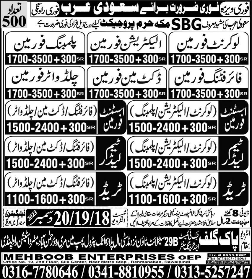 Assistant Foreman & Chilled Water Foreman Jobs 2023 – Pak Gulf Tec Ni Test & Training Center Manufacturing Jobs 2023 — original advertisement