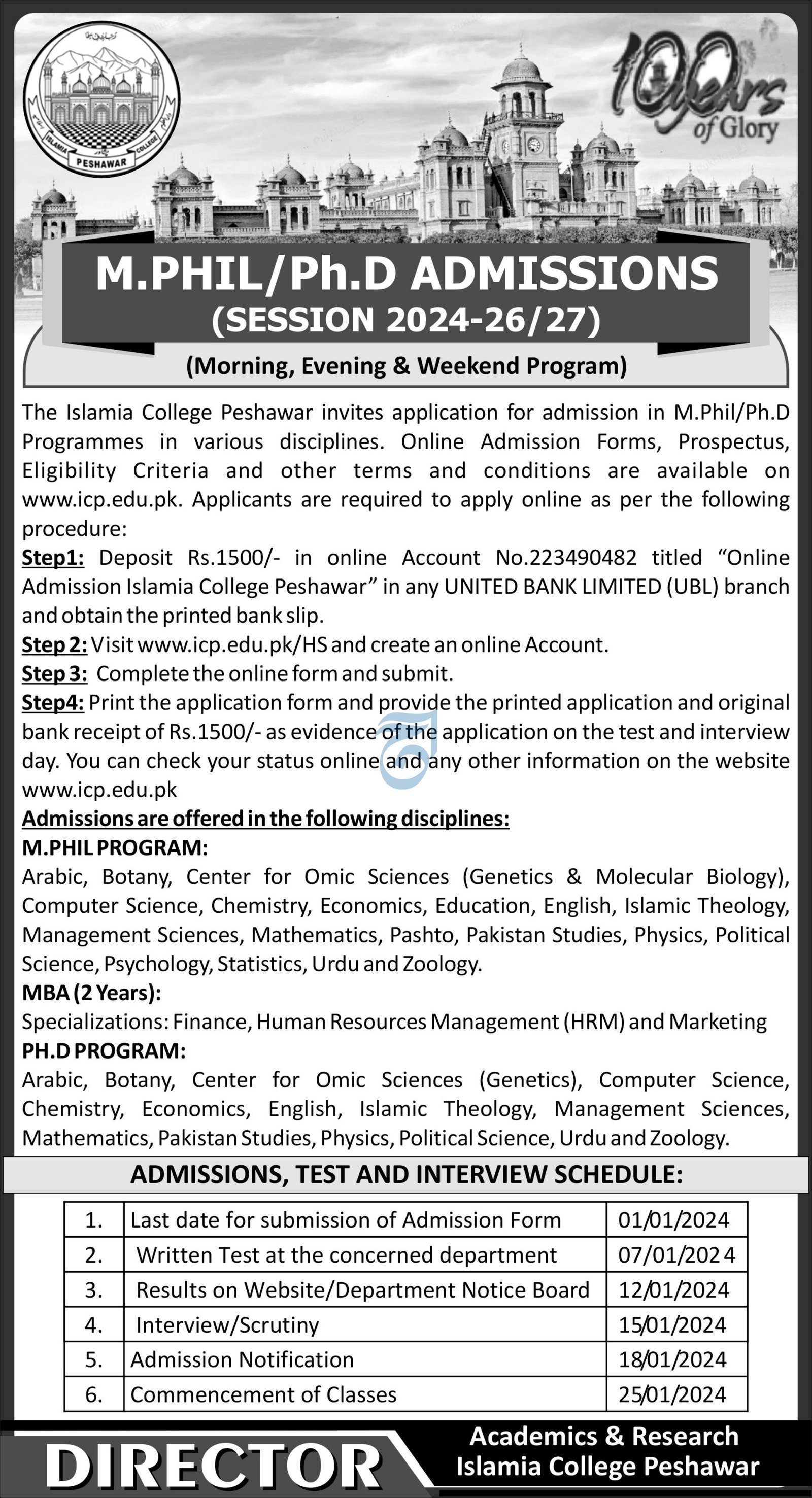 Admissions Open in The Islamia College Peshawar – Islamia College University Peshawar Admissions 2023 — original advertisement