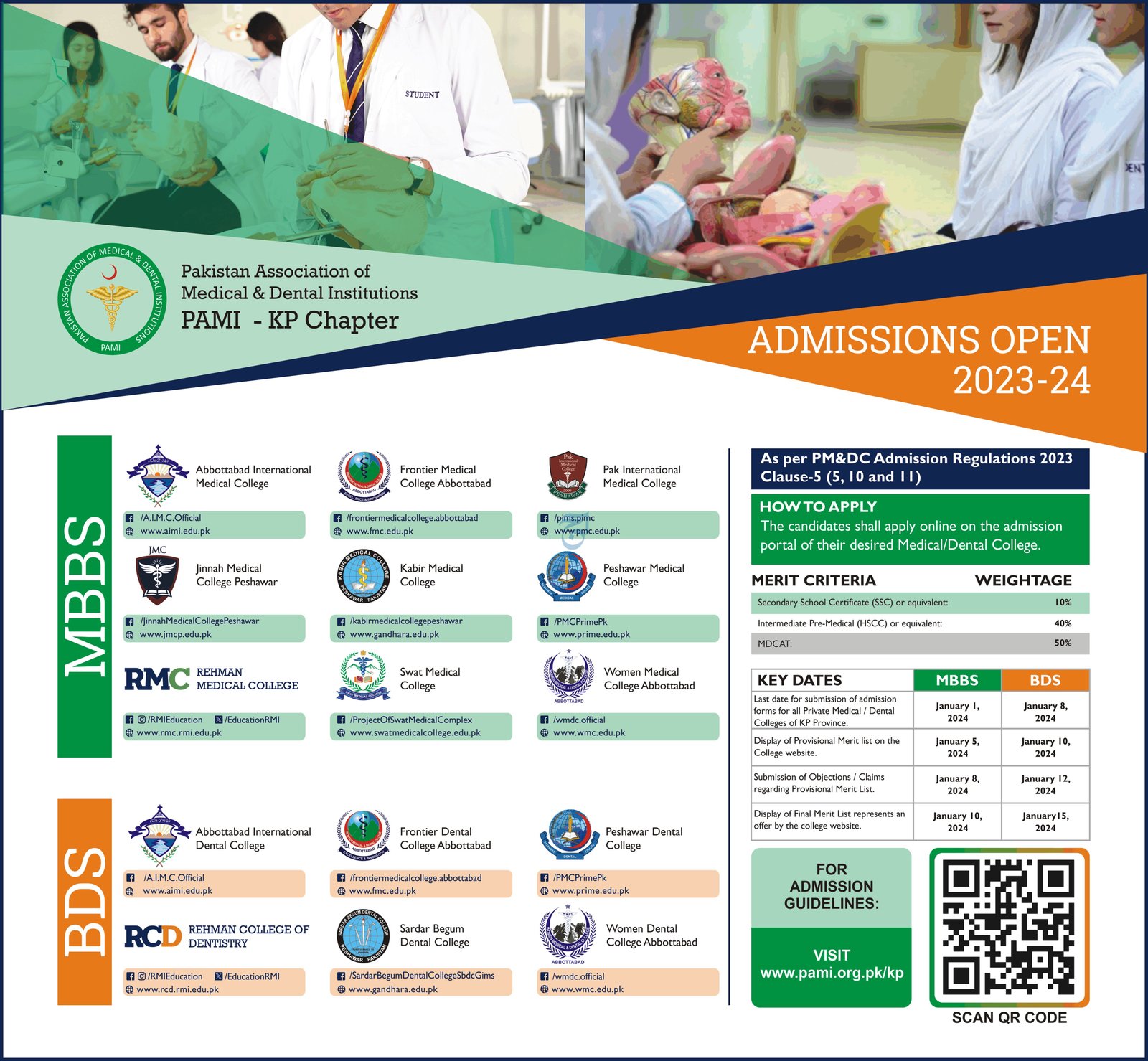 Admissions open in Kp Medical Colleges 2023-24 – Pakistan association of medical and dental institutions PAMI kpk Admissions 2023 — original advertisement