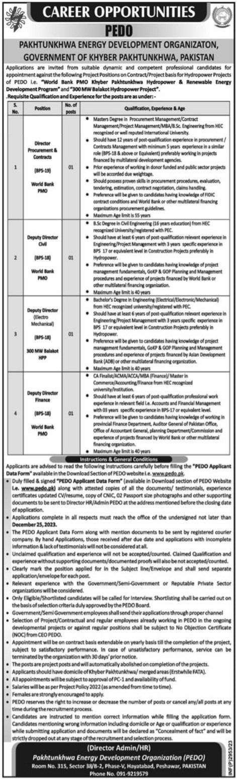 Pakhtunkhwa Energy Development Organization PEDO Jobs – Khyber Pakhtunkhwa Energy Development Organization Jobs 2023 — original advertisement