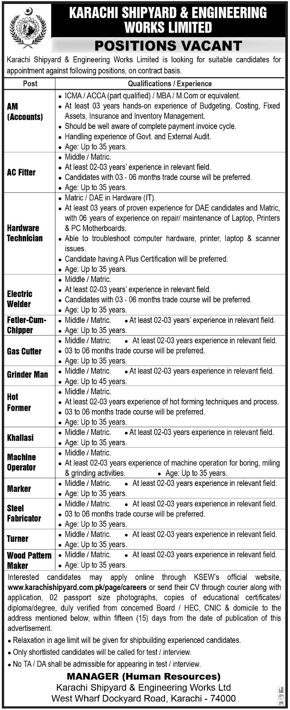 Karachi Shipyard & Engineering Works Limited Jobs 2023 Jobs 2023 — original advertisement