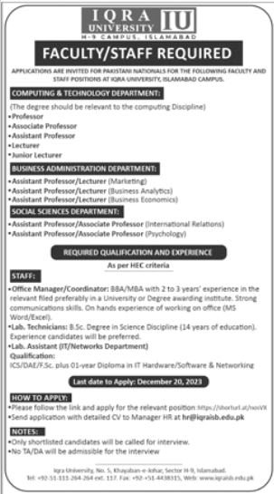 Iqra University Islamabad Islamabad Jobs 2023 – Iqra University Islamabad Campus Jobs 2023 — original advertisement