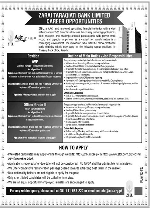 Zarai Taraqiati Bank Limited ZTBL Jobs 2023 Jobs 2023 — original advertisement
