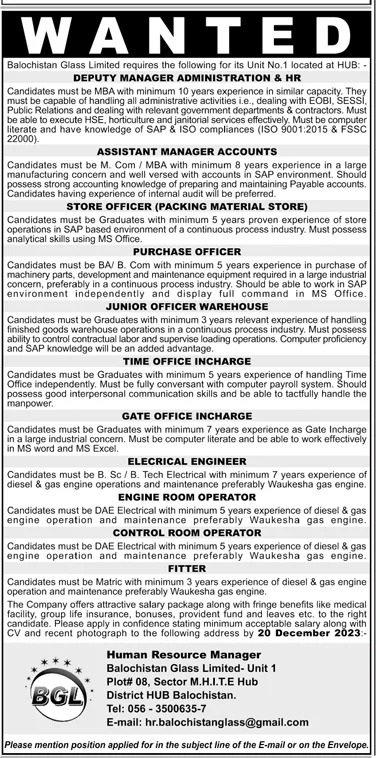 Balochistan Glass Limited BGL Jobs 2023 – Private Company Jobs 2023 — original advertisement