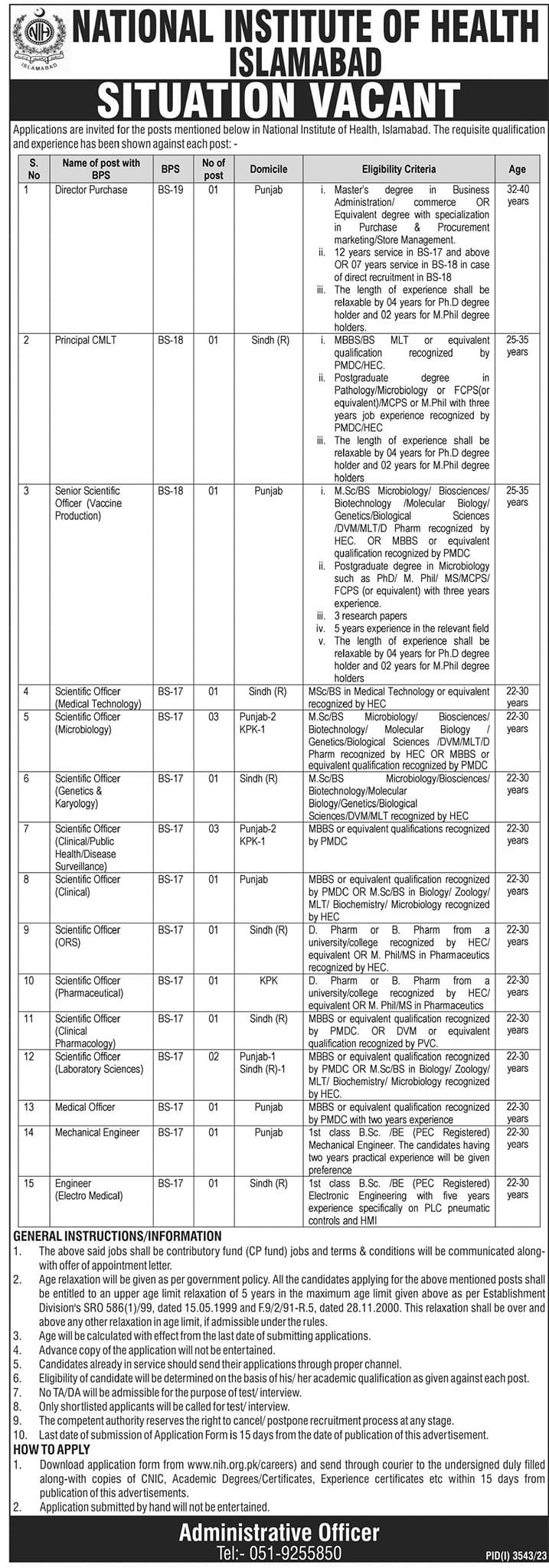National Institute of Health Islamabad Jobs 2023 – National Institute of Health and Management Sciences Jobs 2023 — original advertisement