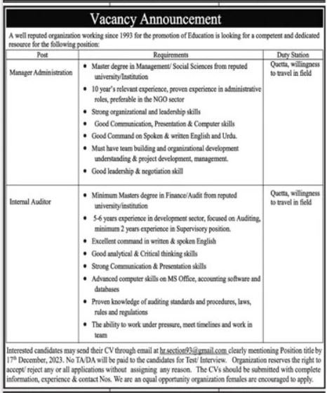 Well Reputed Organization ngo Quetta Jobs 2023 – Public Sector Organization Jobs 2023 — original advertisement