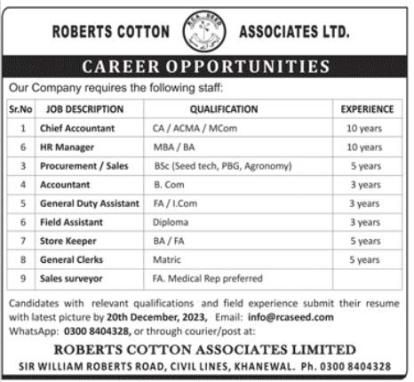 Roberts Cotton Associates Ltd Jobs 2023 – Private Company Jobs 2023 — original advertisement