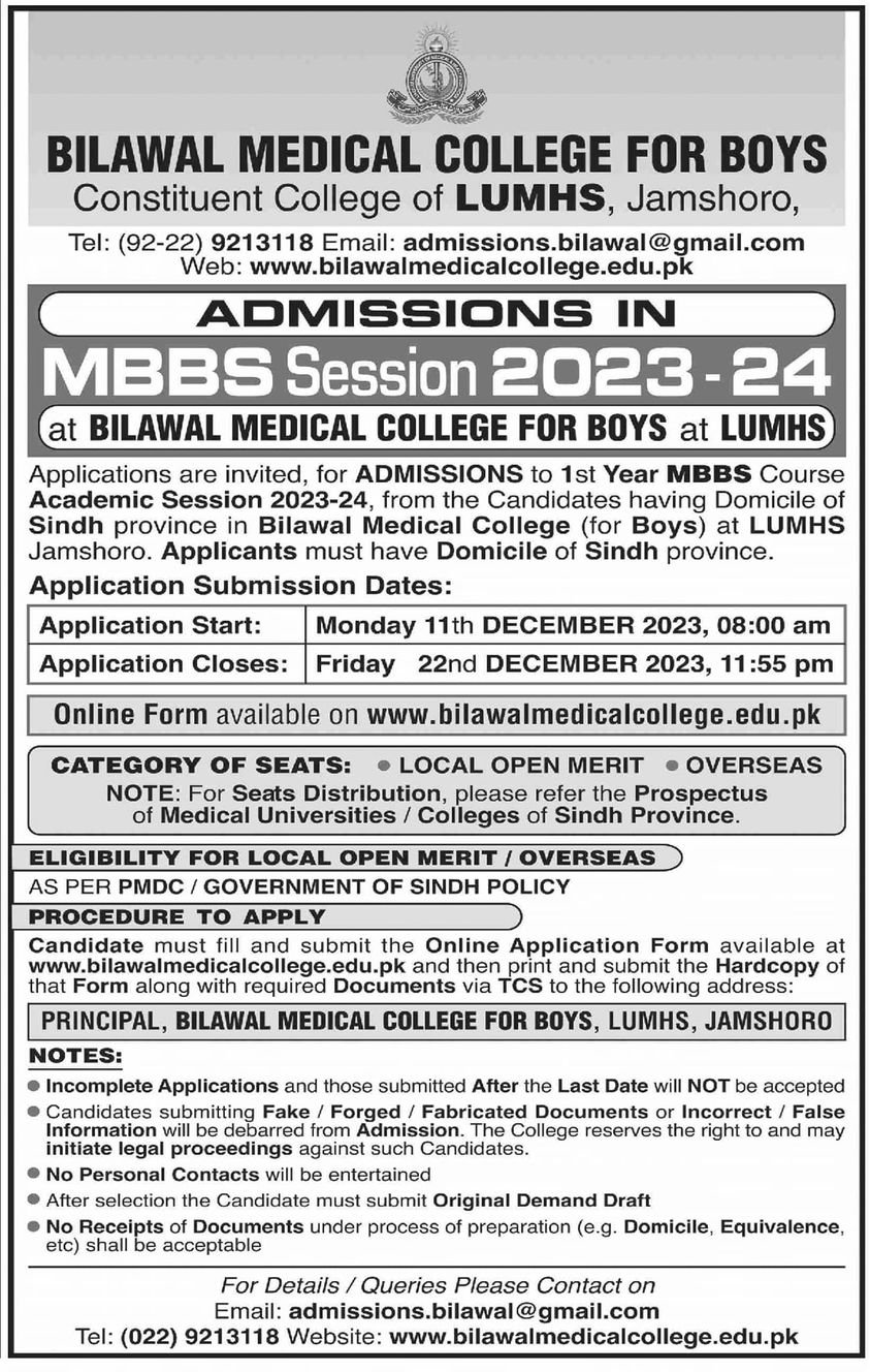 Admisions Open in Bilawal Medical College for boys Jamshoro – Govt of Sindh Jobs 2023 — original advertisement