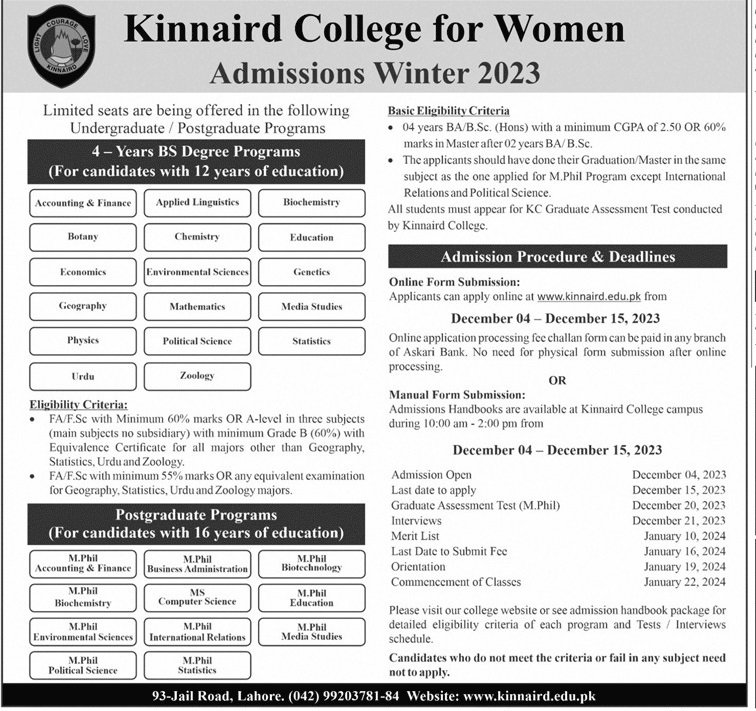 Admissions Open in Kinnarid College for Women 2023 – Punjab Kinnaird College for Women Lahore Admissions 2023 — original advertisement