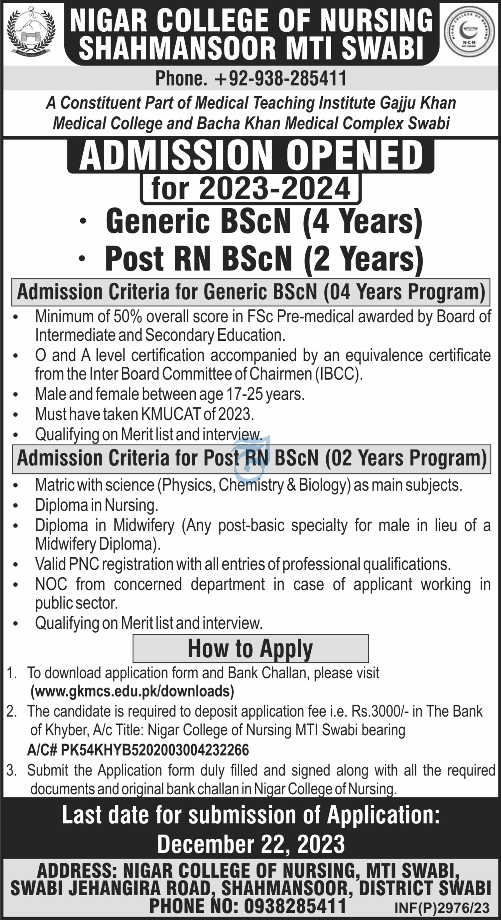 Admissions in Nigar College of Nursing Shahmansoor Mti Swabi – Bacha Khan Medical College Mardan Admissions 2023 — original advertisement