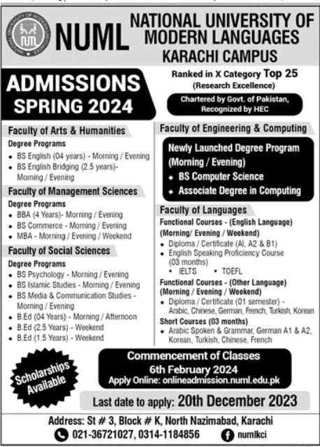 Admissions in Numl National University of Modern Languages – National University of Modern Languages Islamabad Admissions 2023 — original advertisement