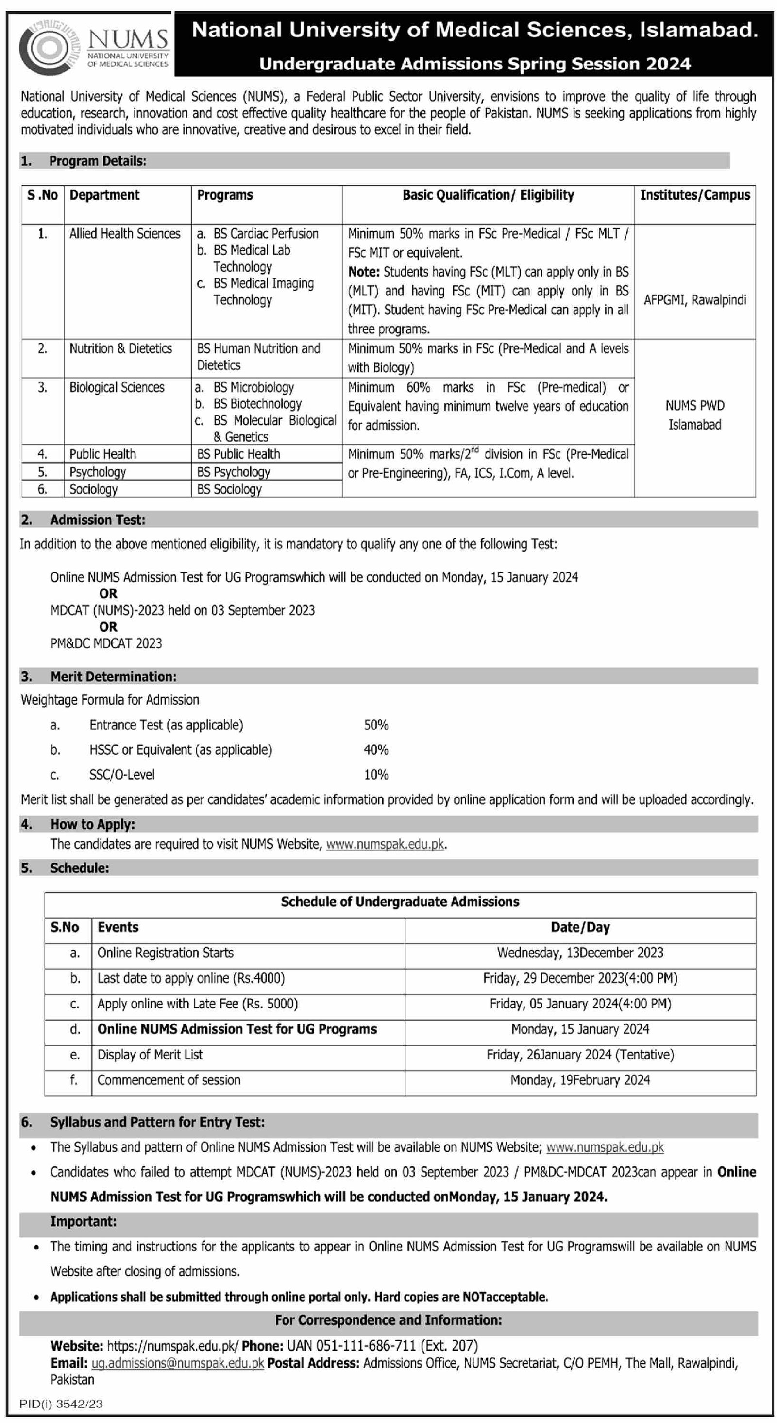 Admissions Open in National University of Medical Sciences – National University of Medical Science NUMS Admissions 2023 — original advertisement