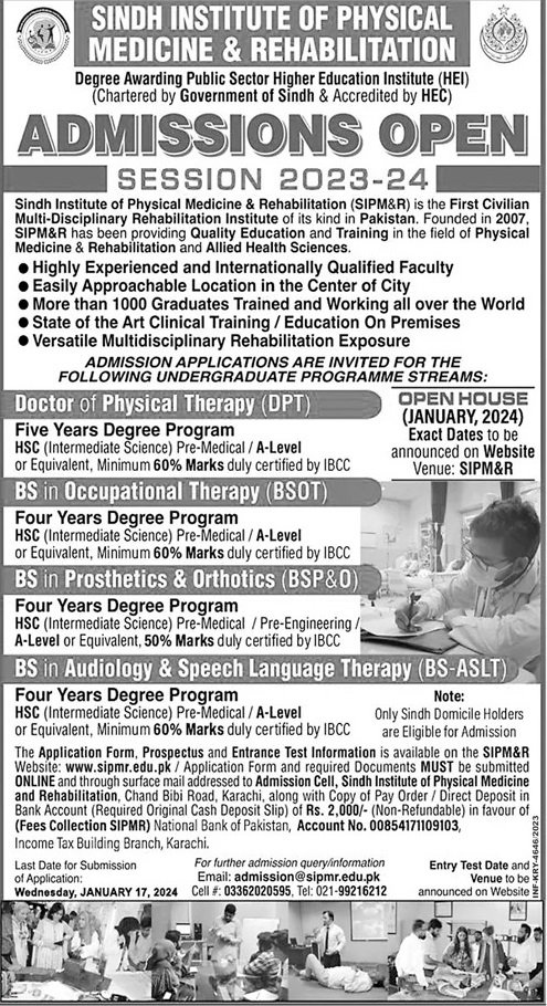 Admissions open In Sindh Institute of Physical Medicine – Sindh Institute of Physical Medicine and Rehabilitation Admissions 2023 — original advertisement
