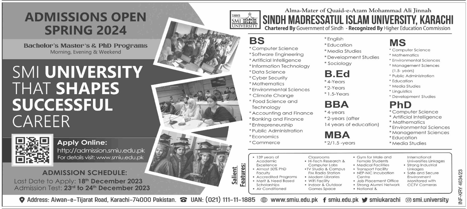 Admissions Open in Sindh Madresstual Islamic University – Sindh Madressatul Islam University Karachi Admissions 2023 — original advertisement