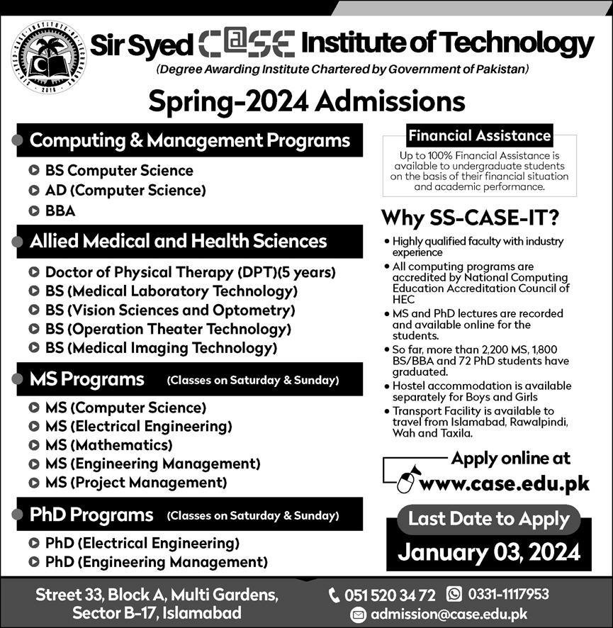 Admissions Open in Sir Syed CASE Institute of Technology Admissions 2023 — original advertisement