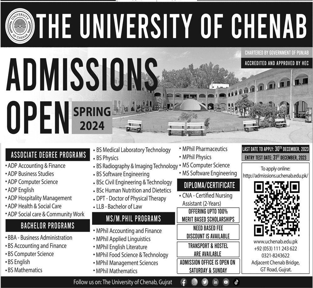Admissiosn Open in University of Chenab Jobs 2023 — original advertisement