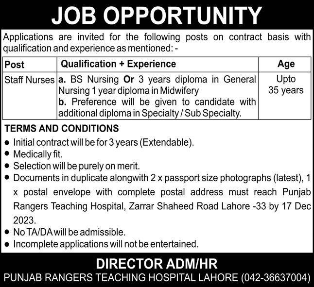 Punjab Rangers Teaching Hospital Lahore Jobs 2023 Jobs 2023 — original advertisement