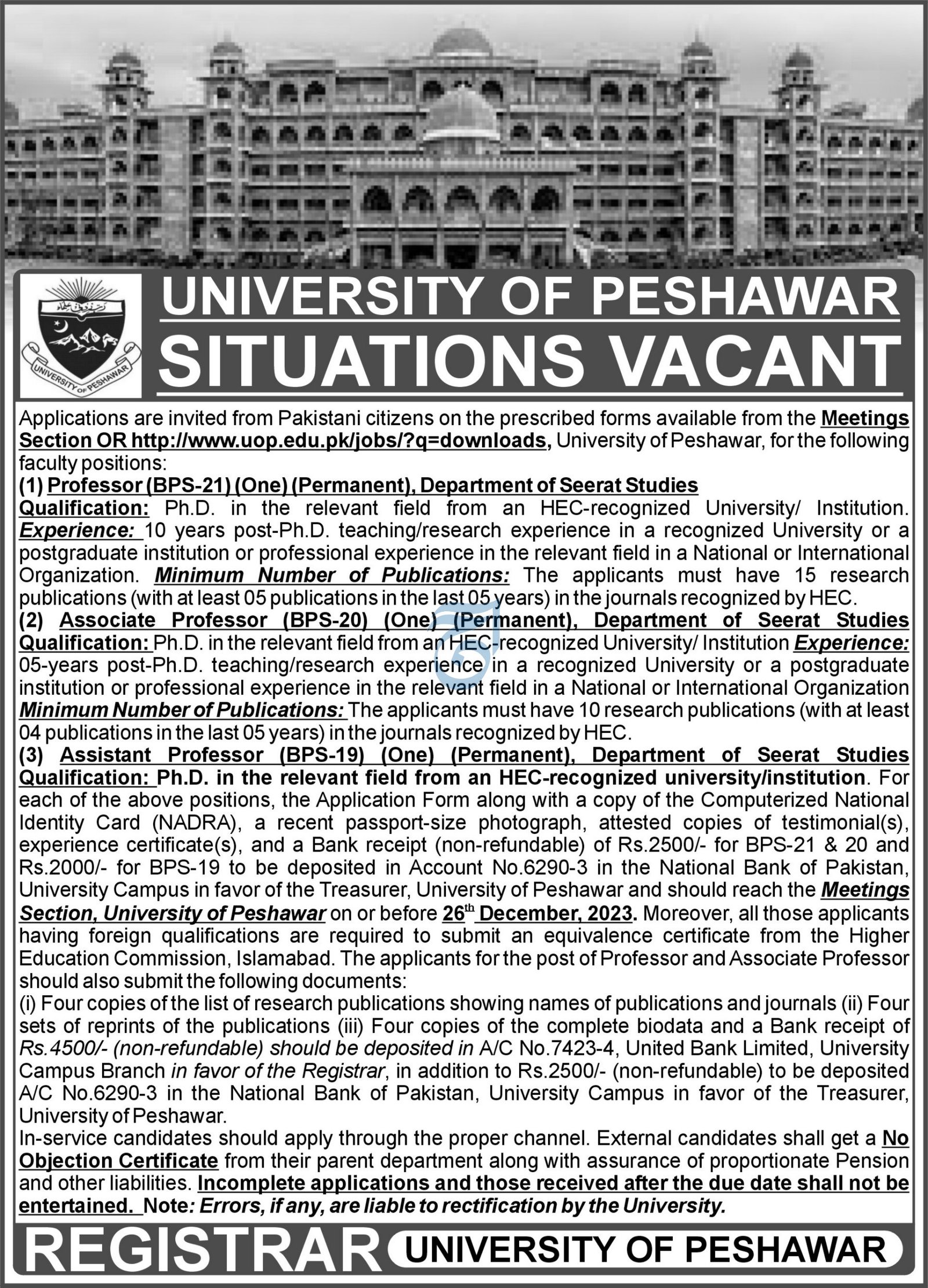 University of peshawar Jobs 2023 Jobs 2023 — original advertisement