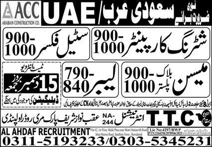 Shuttring Carpanter And Steel Fixer Jobs in UAE 2023 – TTC International Jobs 2023 — original advertisement
