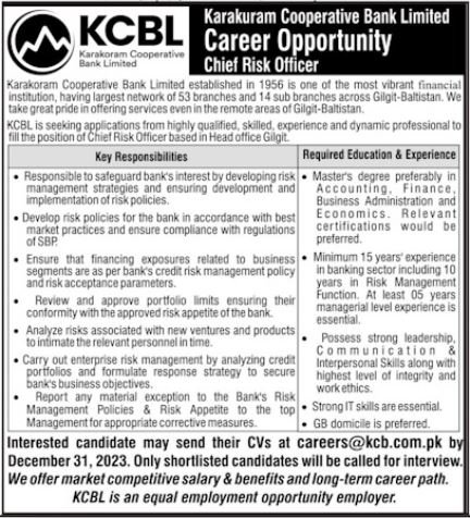 Karakoram Cooperative Bank Limited KCBL Jobs 2023 Jobs 2023 — original advertisement