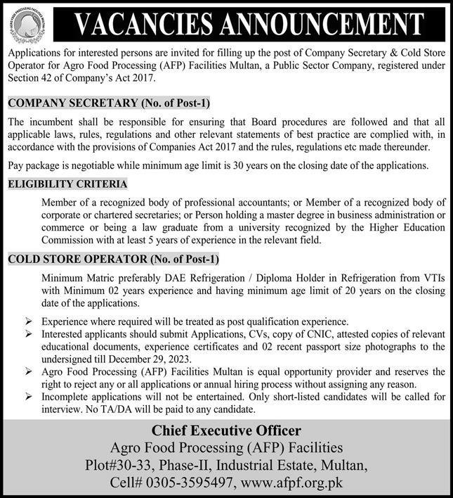 Agro Food Processing AFP Multan Punjab Jobs 2023 Jobs 2023 — original advertisement