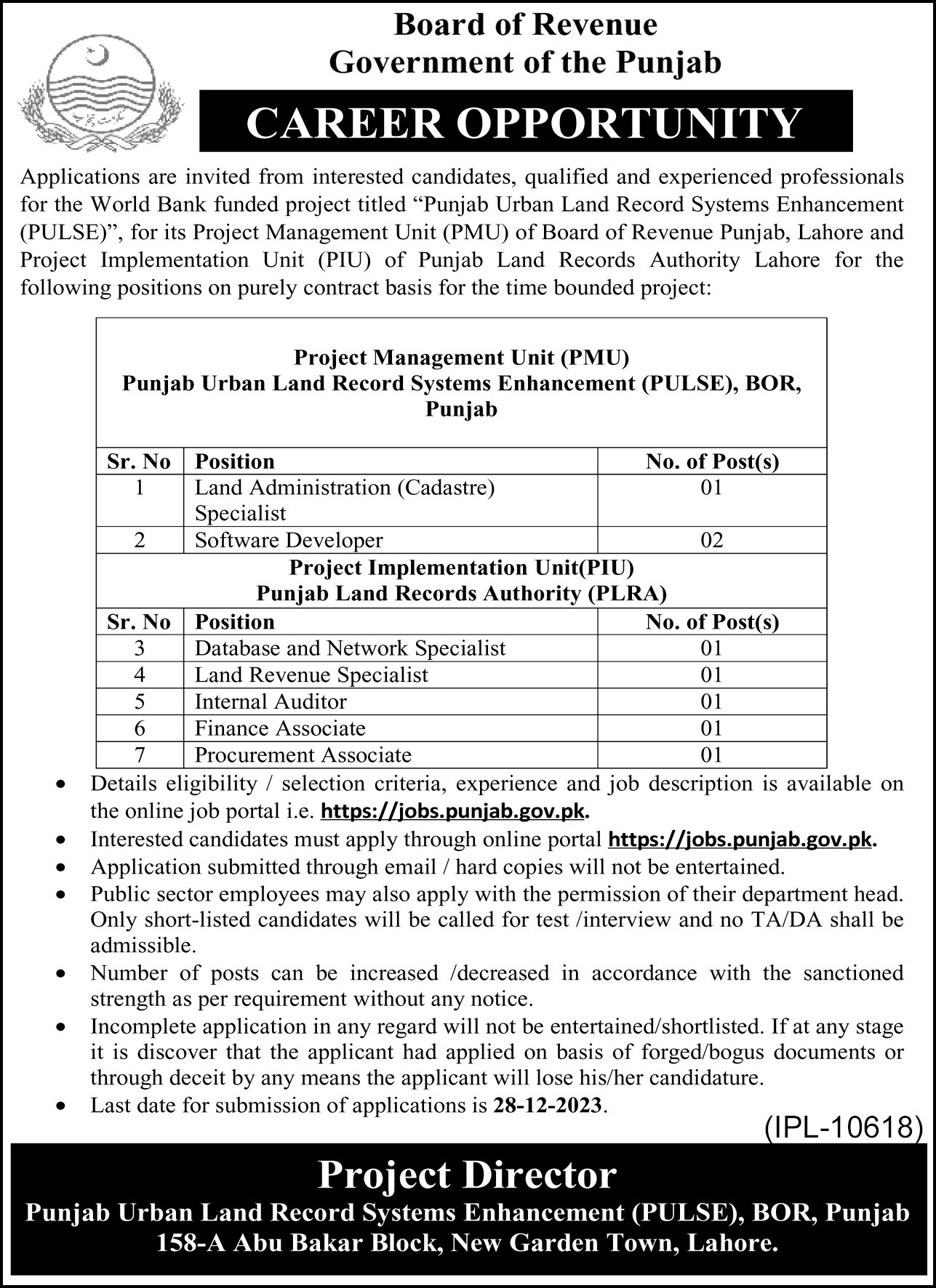 Board of Revenue Lahore Jobs 2023 – Revenue Department Punjab Jobs 2023 — original advertisement