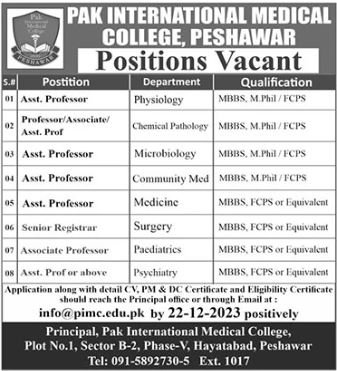 Pak International Medical College Peshawar Jobs 2023 – Pak international nursing college peshawar Jobs 2023 — original advertisement