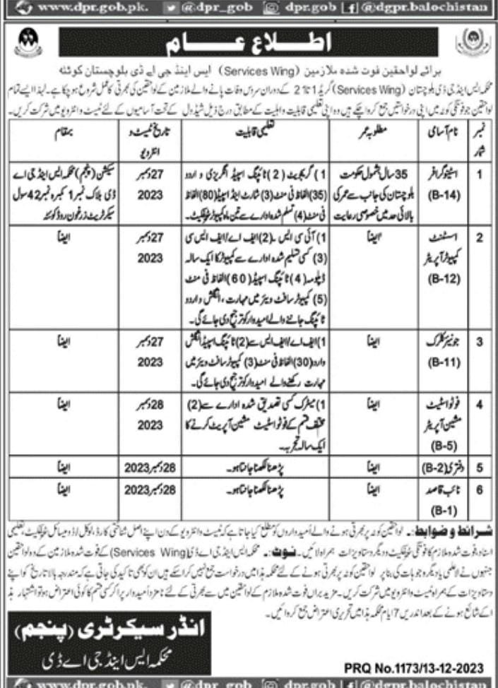 S and GAD Death Quota Jobs 2023 – services and General Administration Department Balochistan Jobs 2023 — original advertisement