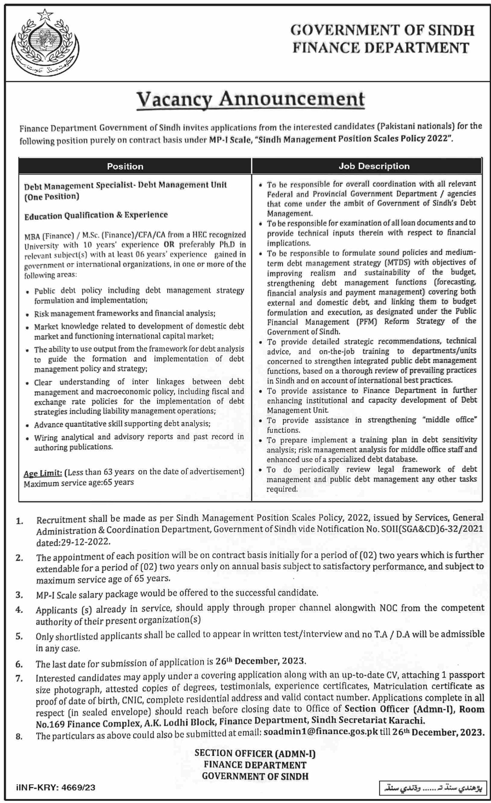 Finance Department Karachi Sindh Jobs 2023 – Finance Department Govt of Sindh Jobs 2023 — original advertisement