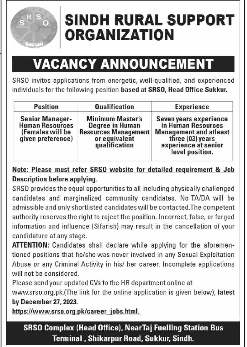 Sindh Rural Support Organization Sukkur Sindh Jobs 2023 – Public Sector Organization Jobs 2023 — original advertisement