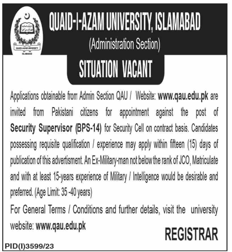 Quaid E Azam University Islamabad Jobs 2023 – Quaid-i-Azam University, Islamabad , Pakistan Jobs 2023 — original advertisement