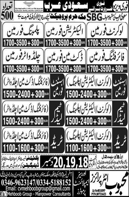 Assistant Foreman & Low Current Foreman Jobs 2023 – Mehboob Enterprises Overseas Employment Promoters Jobs 2023 — original advertisement