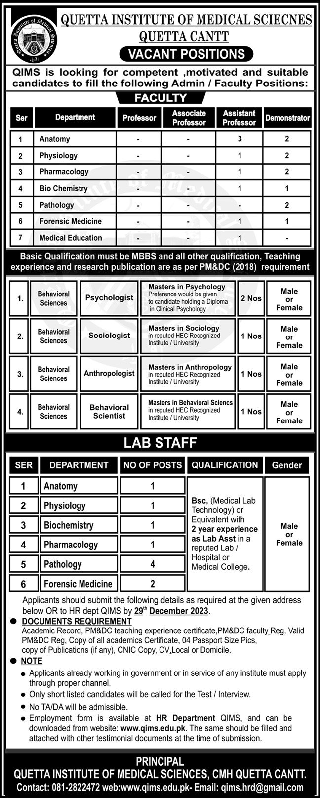 Quetta Institute Of Medical Sciences QIMS Jobs 2023 – Quetta Institute of Medical Sciences QIMS Balochistan Jobs 2023 — original advertisement