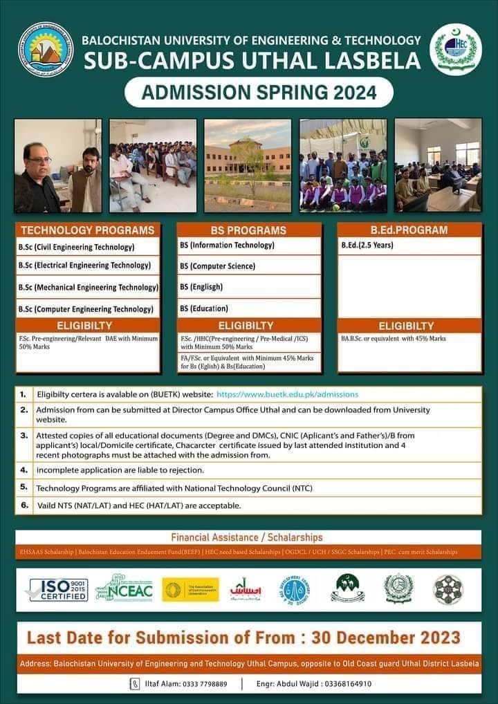 Admissions Open in Buetk uthal campus 2023 – Balochistan University of Engineering and Technology BUETK Khuzdar Admissions 2023 — original advertisement