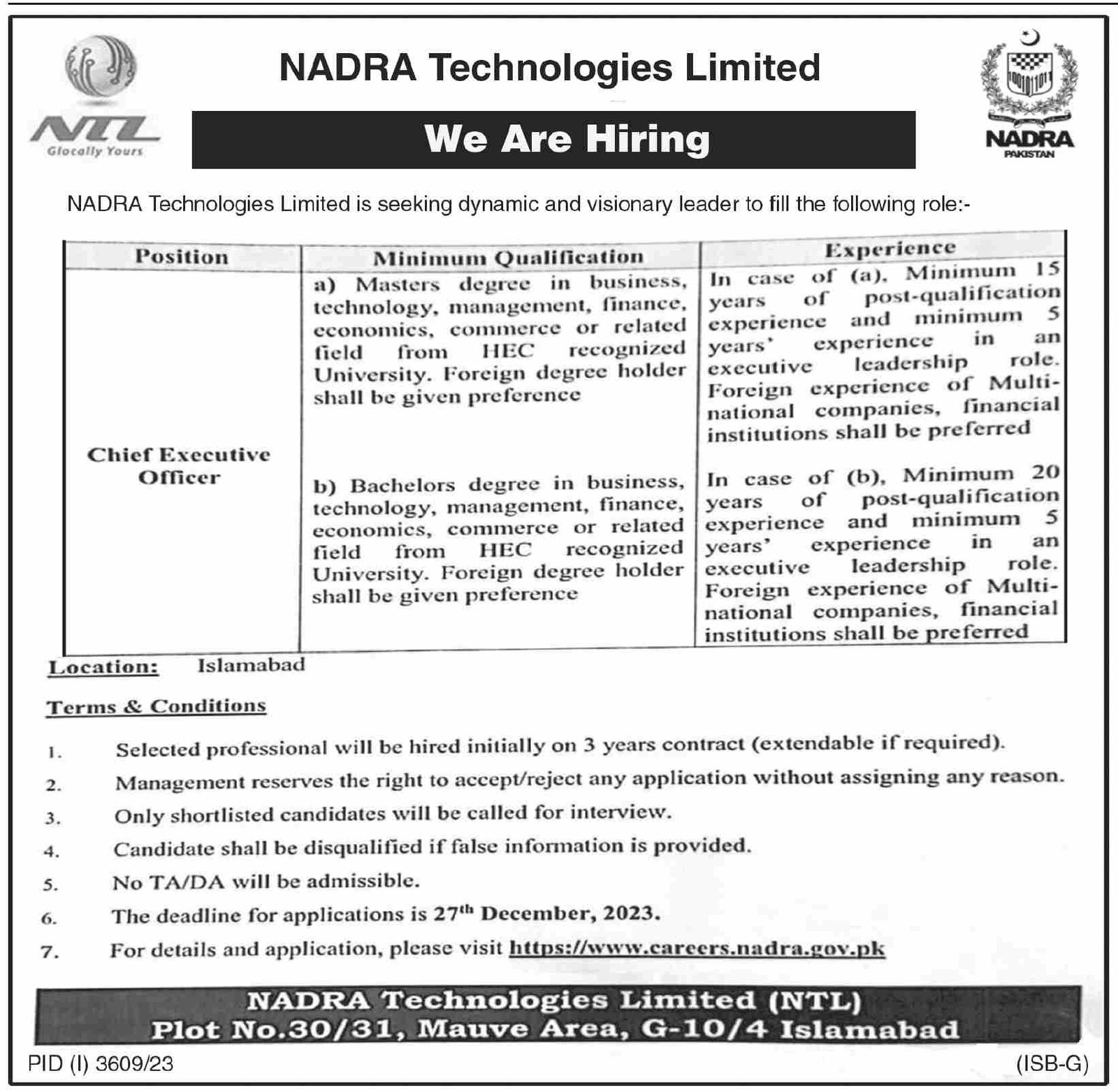 Nadra Technologies Limited NTL Islamabad Jobs 2023 Jobs 2023 — original advertisement