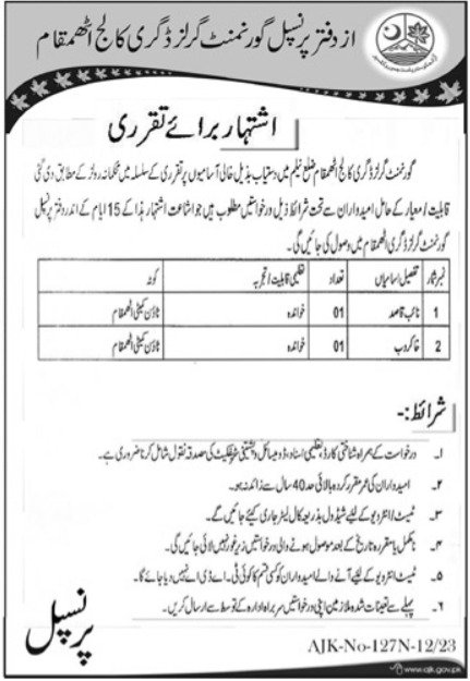 Government Girls Degree College Neelum Valley Jobs 2023 – Govt of Azad Kashmir Jobs 2023 — original advertisement