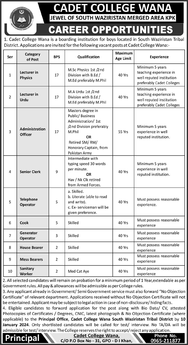 Cadet College Wana Khyber Pakhtunkhwa Jobs 2024 Jobs 2023 — original advertisement