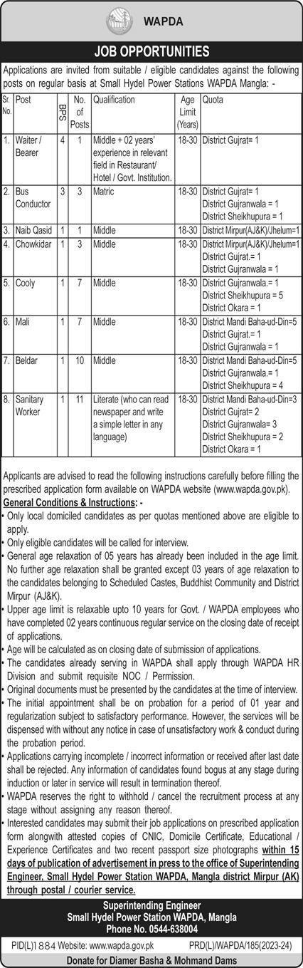 Small Hydel Power Stations WAPDA Mangla Punjab Jobs 2023 – Water and Power Development Authority Jobs 2023 — original advertisement