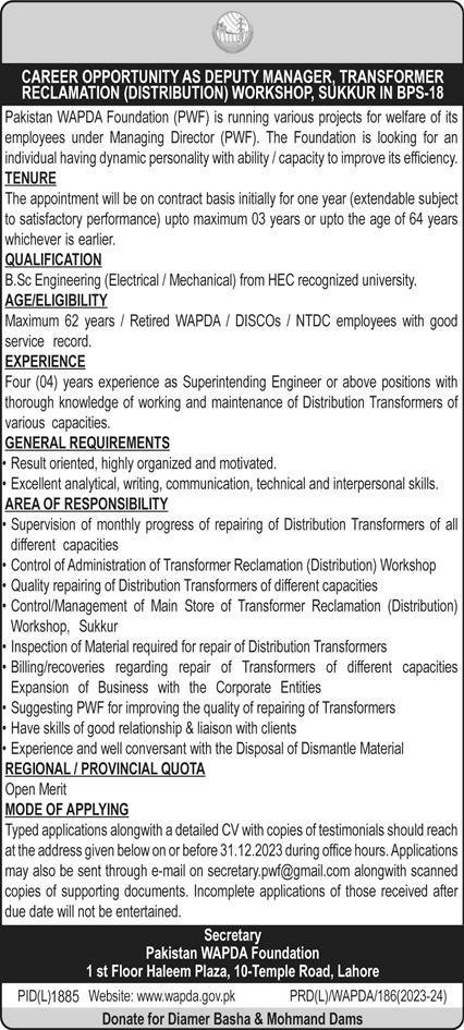 Pakistan Wapda Foundation PWF Sukkur Jobs 2023 Jobs 2023 — original advertisement