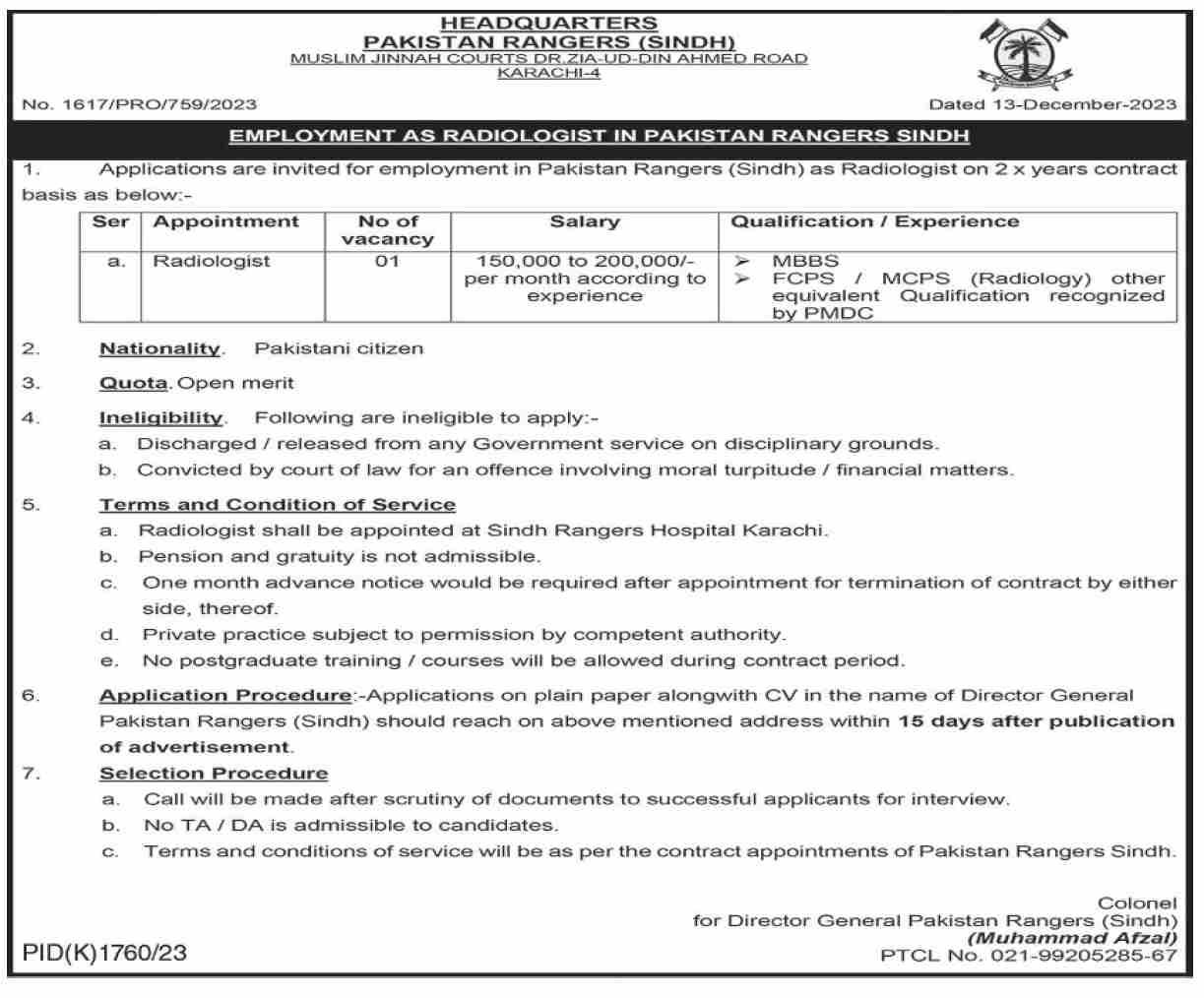 Pakistan Rangers Karachi Jobs 2023 – Sindh Rangers Jobs 2023 — original advertisement