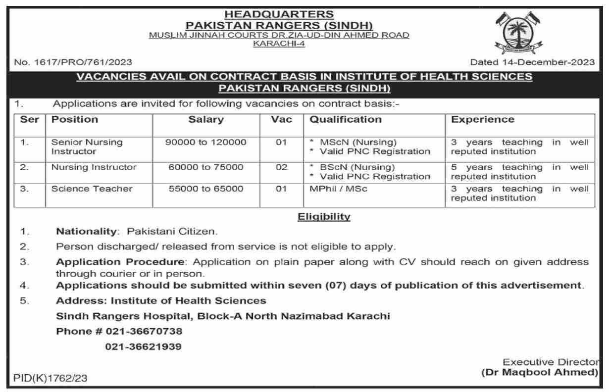 Pakistan Rangers Karachi Sindh Jobs 2023 – Sindh Rangers Jobs 2023 — original advertisement