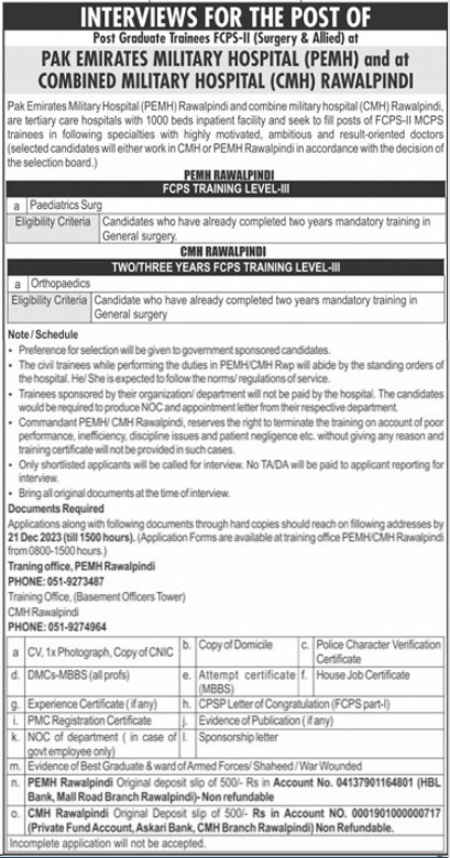 Post Graduate Trainee FCPS-ii Interview – Combined Military Hospital CMH Jobs 2023 — original advertisement