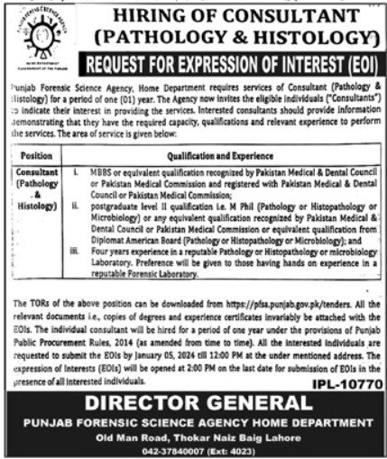 Punjab Forensic Science Agency Lahore Jobs 2024 – Punjab Forensic Science Agency PFSA Jobs 2023 — original advertisement